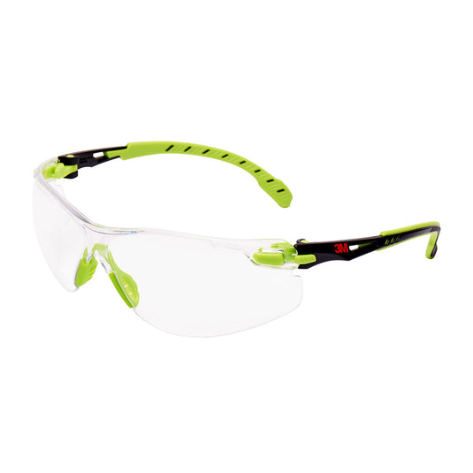 3M Solus Safety Glasses: Clear, featuring a sleek, modern frame with soft temples and a nose bridge for comfort, and durable polycarbonate lenses with anti-fog and anti-scratch coatings. Ideal for workplace eye protection.