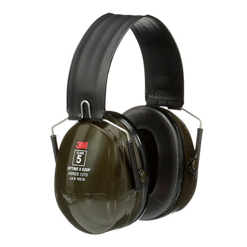 3M Peltor Optime H520F Earmuff Class 5 shown in close-up, highlighting its foldable headband and large ear cups designed for high-level noise protection in industrial environments.