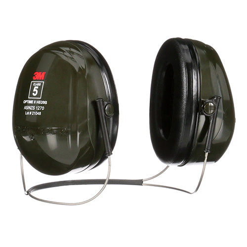 3M H520B Optime II Neckband Earmuff Class 5, designed for noise-hazard environments. Features a sleek neckband suitable for pairing with helmets, providing high-level hearing protection and comfort. Ideal for industrial settings.