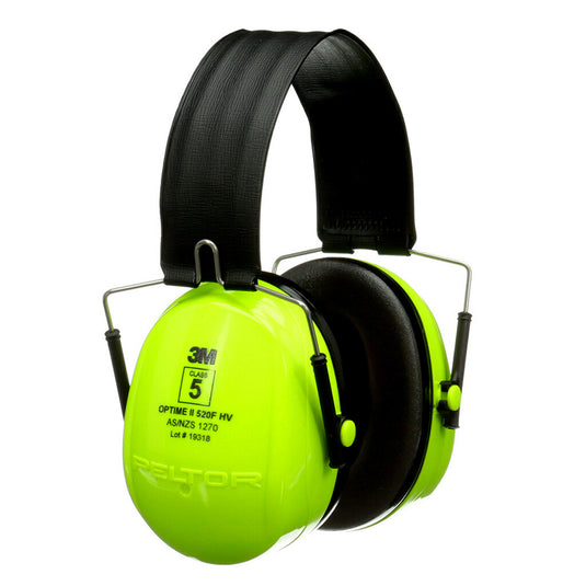 3M Peltor Optime II Hi Vis Earmuff H520FHV, Class 5, featuring foldable black headband and yellow ear cups. Designed for demanding noise environments, ideal for industrial and construction settings.