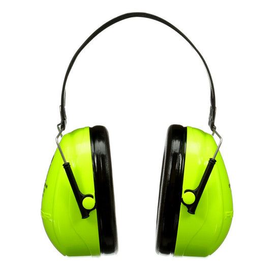 3M Peltor Optime II Hi Vis Earmuff H520FHV, Class 5, designed for high-noise environments; features a sleek, foldable headband with soft, wide cushions for comfort, ideal for industrial safety.