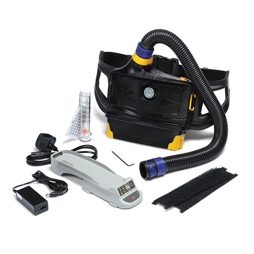 3M Versaflo Powered Air Turbo Starter Kit (TR-819A) with a compact, ergonomic design, featuring a black tube and grey cable, ideal for safety-focused environments like paint spray and mining operations.