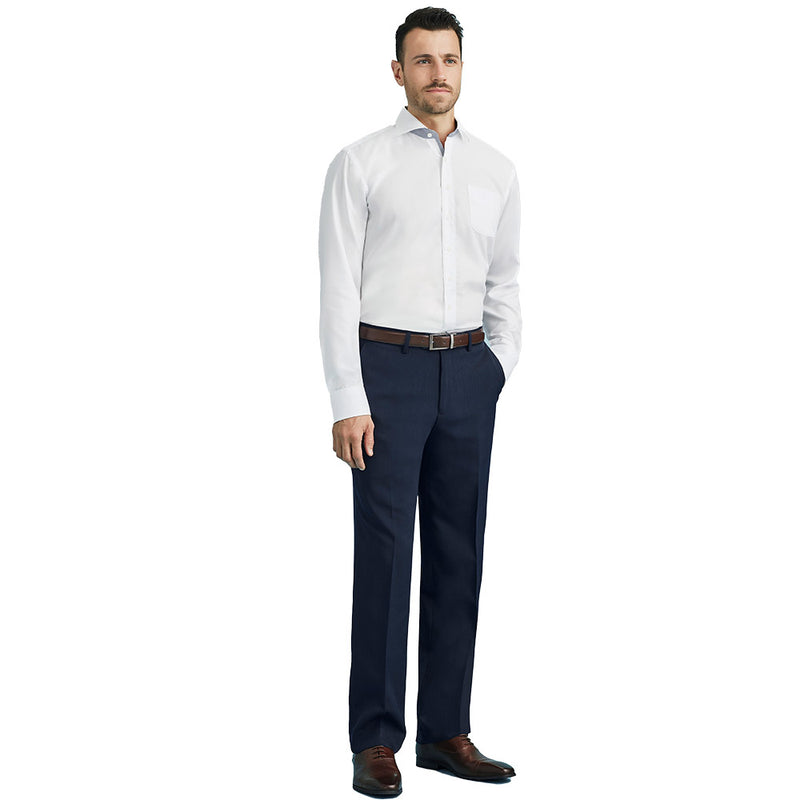 Load image into Gallery viewer, Biz Mens Cool Stretch Flat Front Pant shown worn by a man, highlighting its straight leg design and versatile, breathable fabric, ideal for workplace comfort and safety.