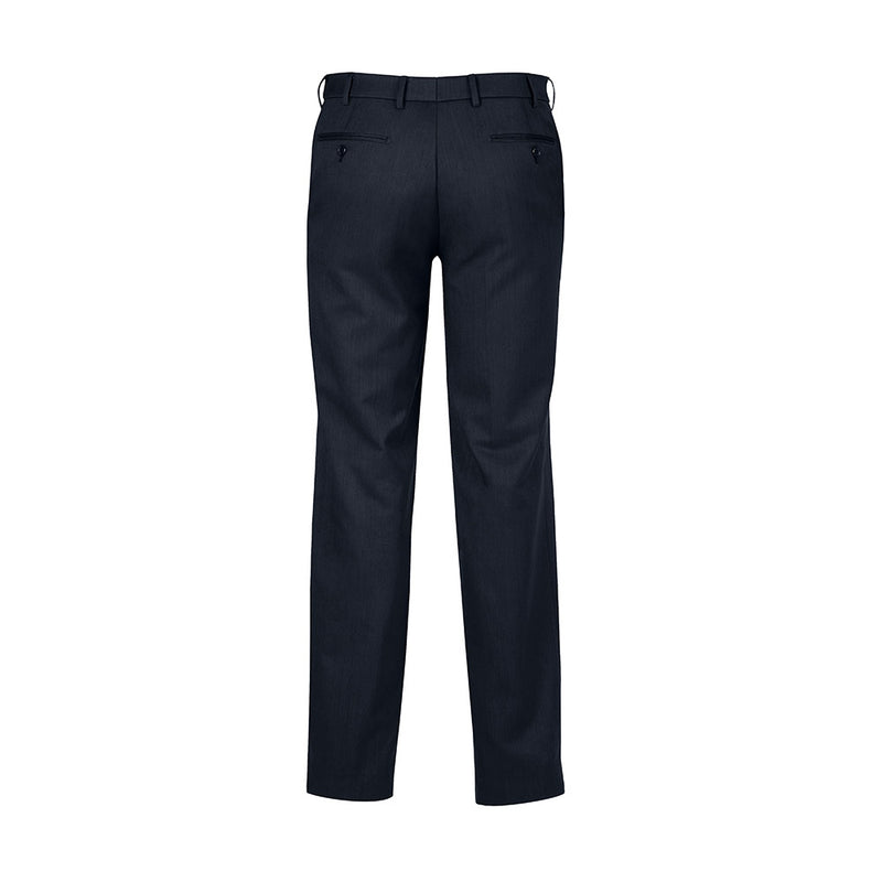 Load image into Gallery viewer, Biz Mens Cool Stretch Flat Front Pant displayed with a belt, showcasing flat front design and rear pockets, ideal for workplace comfort and safety.