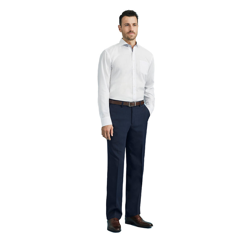 Load image into Gallery viewer, Biz Mens Cool Stretch Flat Front Pant (Stout) showcasing a sleek, straight-leg design with a secure fit. Features include an internal security pocket, reinforced waistband, and rear pockets, ideal for active workplace environments.