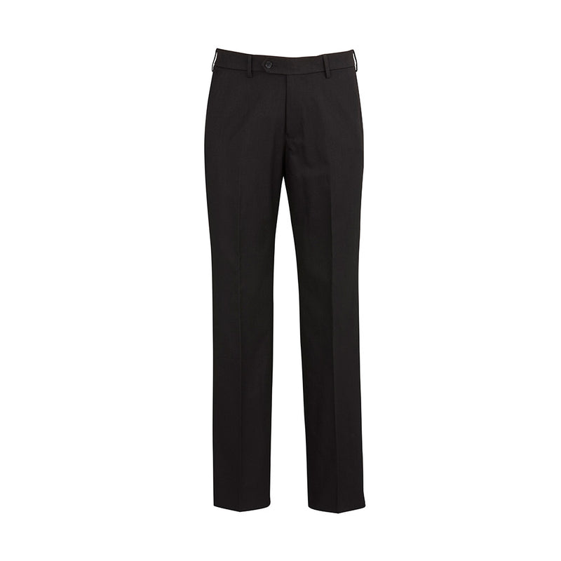 Load image into Gallery viewer, Biz Mens Cool Stretch Flat Front Pant (Stout) featuring a flat front and straight leg design, equipped with a stretch-fused waistband, internal security pocket, and two rear pockets, ideal for active workplace environments.