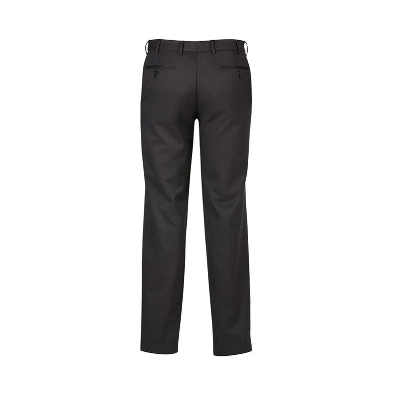 Load image into Gallery viewer, Biz Mens Cool Stretch Flat Front Pant (Stout) showcases a sleek, straight-leg design with a stretch-fused waistband and multiple pockets, ideal for comfort and functionality in active workplace settings.