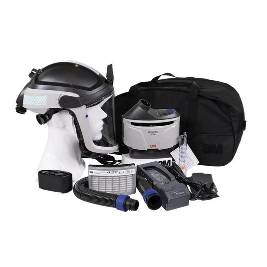 3M Versaflo CAPM-307 PAPR Kit: TR-315A+ includes M-307 helmet, M-940 bracket, charger, and accessories, providing comprehensive respiratory protection with a belt-mounted blower and integrated visor.