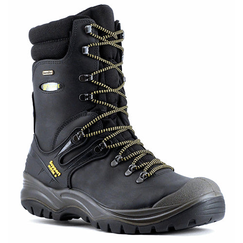 Load image into Gallery viewer, Grisport Colossus Safety Boots featuring black leather and distinctive yellow laces, designed with a high leg and steel toe, ideal for workplace safety and all-weather protection.