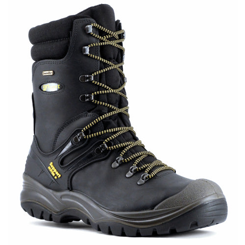 Load image into Gallery viewer, Grisport Colossus Safety Boots featuring black leather with yellow laces, designed for durability with a steel toe cap and 100% waterproof SYMPATEX membrane, ideal for workplace safety.