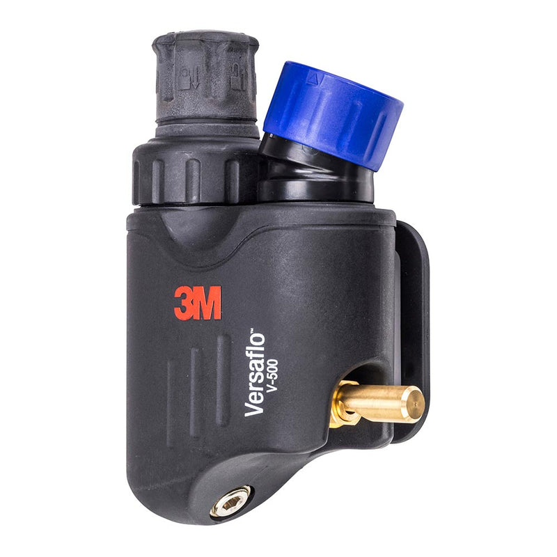 Load image into Gallery viewer, 3M Versaflo V-500E Supplied Air Regulator, a belt-mounted blower unit with air inlet/outlet ports, airflow adjustment knob, and 3M branding, suitable for controlled, adjustable airflow in workplace safety.