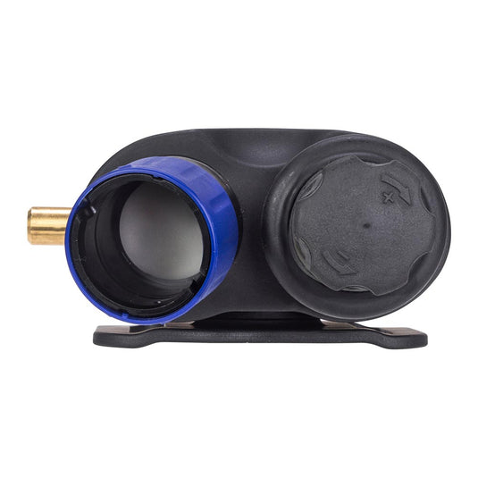 3M Versaflo V-500E Supplied Air Regulator, featuring a molded plastic body with brass inlet, adjustable flow control cap, and blue quick-release collar, designed for secure mounting in low-pressure pneumatic systems.