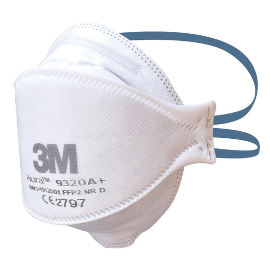 3M 9320A+ Aura FlatFold FFP2/P2 Particulate Respirator features a white molded design with dual headbands, offering advanced respiratory protection and comfort with a foldable, sculpted, and low-profile style.