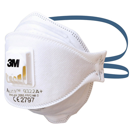 3M 9322A+ Aura FlatFold Particulate Valved Respirator: Box/10, features a foldable three-panel design with a Cool Flow valve, enhancing comfort and usability for diverse facial movements and eyewear compatibility.