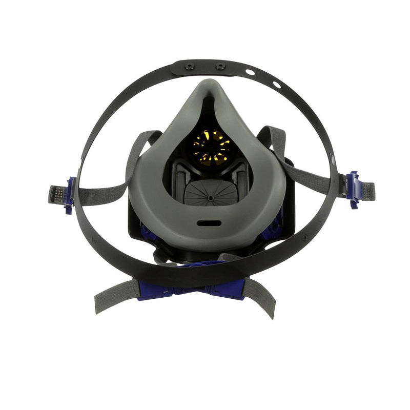 Load image into Gallery viewer, 3M Secure Click Half Face Reusable Respirator: Medium, featuring a silicone facepiece, exhalation valve, filter housing, and adjustable head straps, designed for comfort and effective protection against gases and particulates.