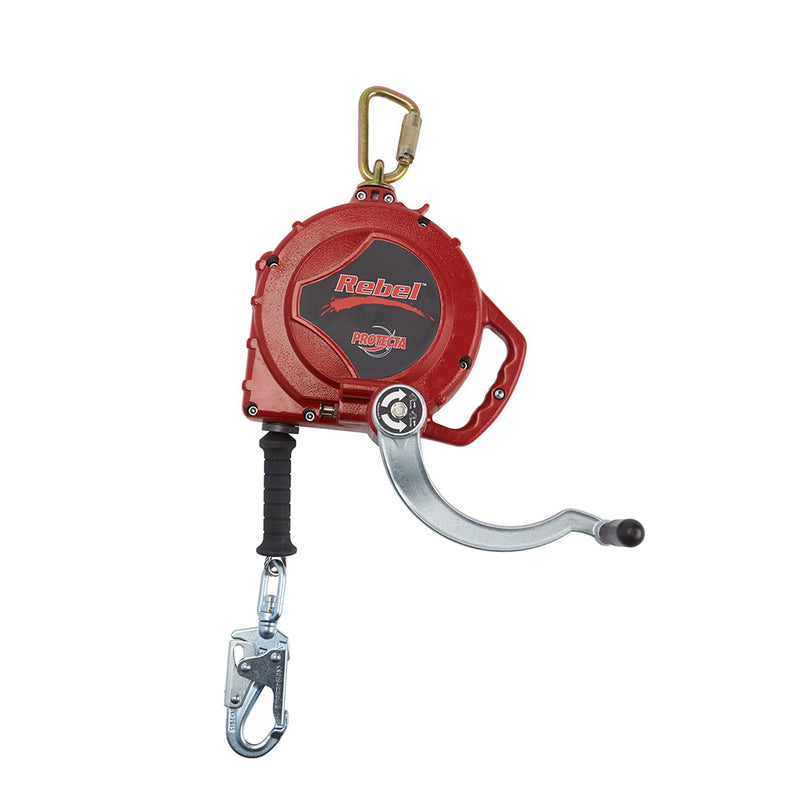 Load image into Gallery viewer, 3M Protecta 3591002 Type 3 Retrieval SRL: 15M features a red, round housing with an ergonomic carrying handle, a top carabiner, and a snap-hook for harness connection, ideal for fall protection.