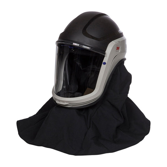3M Versaflo M-Series Helmet with Flame Resistant Shroud (M-407) features a sturdy helmet, clear visor, and Nomex shroud for comprehensive head and neck protection against industrial hazards. Ideal for safety gear needs.