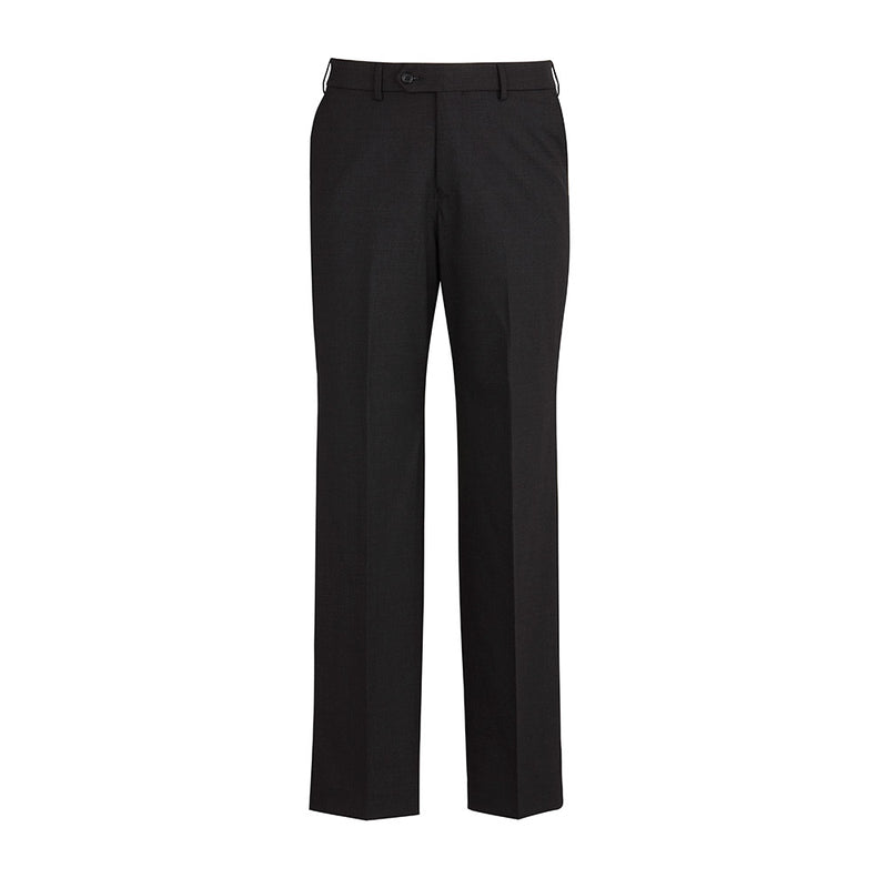 Load image into Gallery viewer, Biz Mens Comfort Wool Stretch Flat Front Pant featuring flat front design, straight leg cut, waistband with stretch fusing, internal security pocket, and two rear pockets, ideal for professional settings.