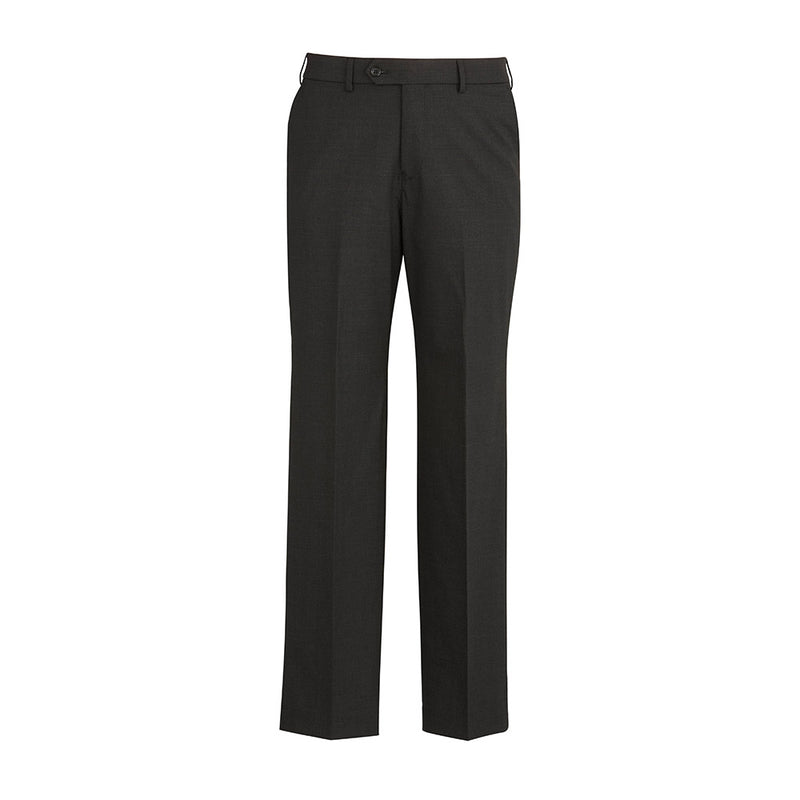 Load image into Gallery viewer, Biz Mens Comfort Wool Stretch Flat Front Pant featuring a flat front design with straight legs, stretch waistband, internal security pocket, and two rear pockets, ideal for workplace uniform needs.