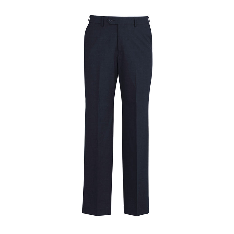 Load image into Gallery viewer, Biz Mens Comfort Wool Stretch Flat Front Pant, featuring a flat front design with stretch waistband, internal security pocket, and two rear pockets, ideal for workplace settings. Crafted from a premium wool blend for durability.