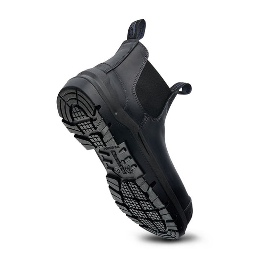 Blundstone 7501 DuraFit Safety Boots, Black, featuring a chunky, heavily-treaded sole, elastic side panels, and pull tabs, highlighting the durable, slip-resistant design ideal for workplace safety and comfort.