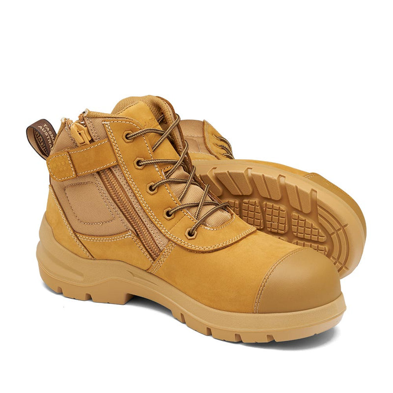 Load image into Gallery viewer, Blundstone 7550 DuraFit Safety Boots, Wheat feature lace-up fronts, side zippers, padded collars, and rugged outsoles, designed for comfort and safety with a broad composite toe and ergonomic toe spring.