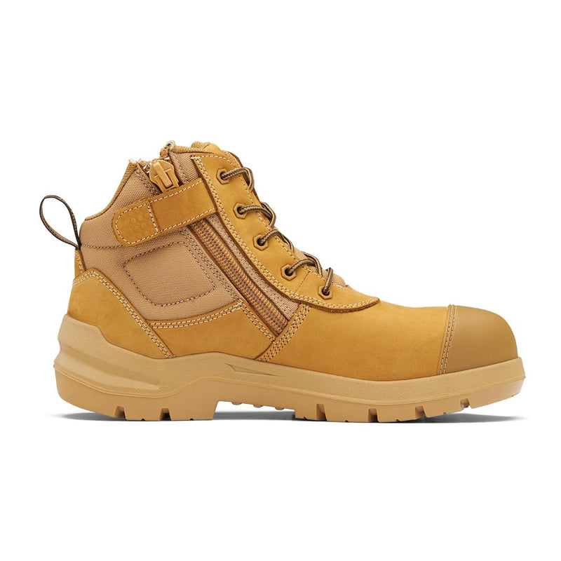 Load image into Gallery viewer, Blundstone 7550 DuraFit Safety Boots in wheat color, featuring a mid-height lace-up style with side zip, composite toe cap, rugged lug sole, and reinforced toe, ideal for extended workplace use.