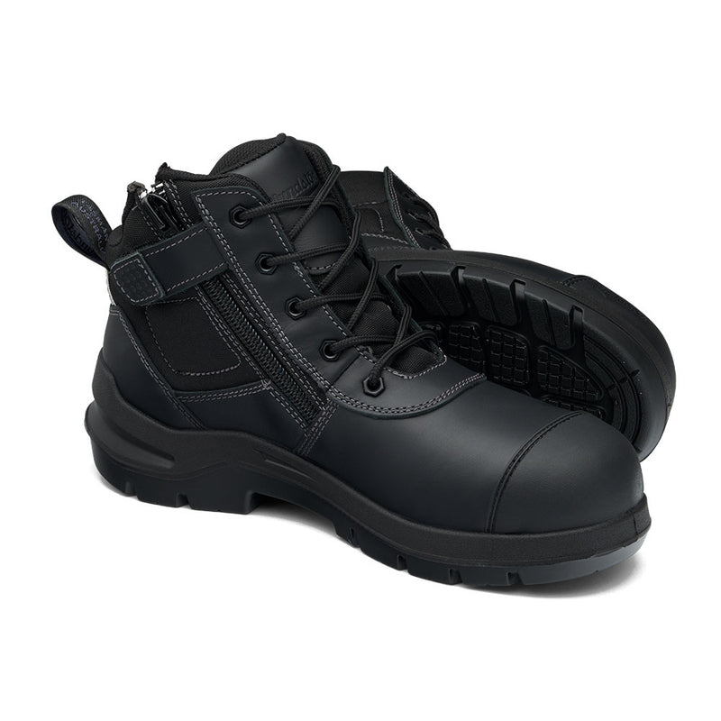 Load image into Gallery viewer, Blundstone 7551 DuraFit Safety Boots, Black; low-cut, lace-up with metal eyelets, side zippers, reinforced toe caps, padded collars, and lugged rubber outsoles, embody comfort and protection for active workplaces.