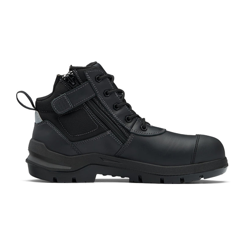 Load image into Gallery viewer, Blundstone 7551 DuraFit Safety Boots, Black: Mid-height safety boot with reinforced toe cap, side zipper, padded ankle collar, lugged outsole, ideal for uniform wear with enhanced comfort and protection features.