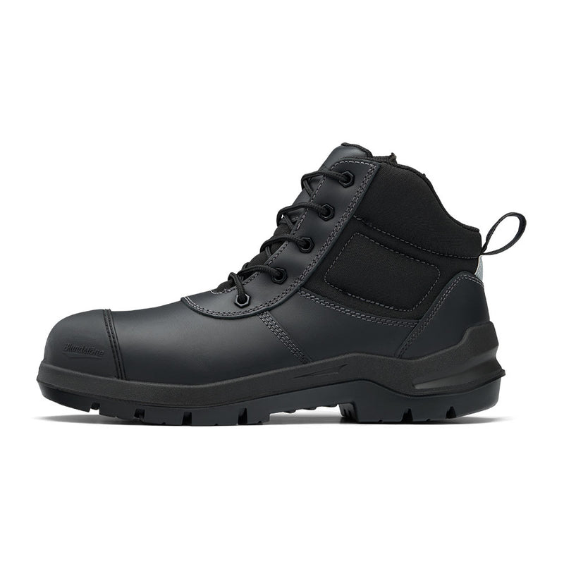 Load image into Gallery viewer, Blundstone 7551 DuraFit Safety Boots, Black: Mid-height, lace-up work boot with reinforced toe, chunky slip-resistant sole, padded ankle collar, and side zip for easy access. Ideal for safety and durability.