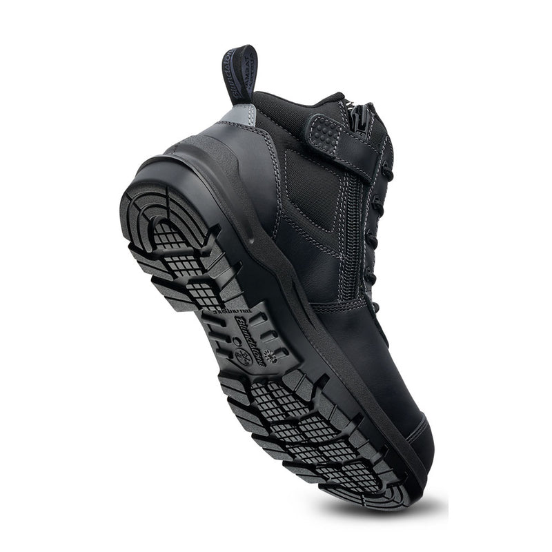 Load image into Gallery viewer, Blundstone 7551 DuraFit Safety Boots, Black, featuring a rugged, deeply treaded sole, lace-up front, and side zipper for easy access, ideal for industrial use with a composite toe cap and ergonomic design.