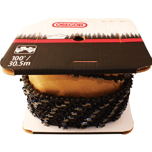 Oregon Chainsaw Chain 3/8 100 Ft Roll displayed on a spool, ideal for professional use. The image highlights the chain's advanced grind geometry, engineered for high performance and durability.