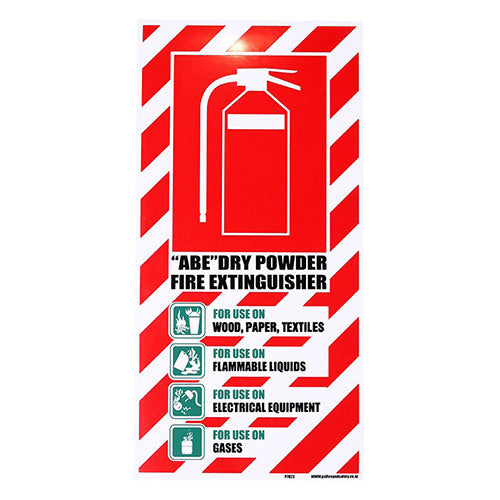 ABE Fire Extinguisher Sign: 200 x 400 PVC, featuring white text on a red background. Designed for compliance with NZS4503 standards, ideal for workplace safety as promoted by Active Safety.