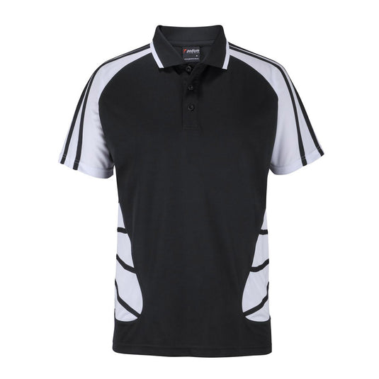 JB's Podium Arachnid Polo Short Sleeve features a modern urban fit, raglan sleeves, and a straight hem with side splits, crafted from moisture-wicking, quick-drying polyester for active workplaces.