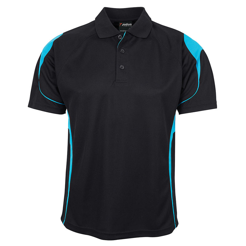 Load image into Gallery viewer, JB's Bel Polo Shirt, featuring a black and blue design, showcases a collared style with a 3-button placket for adults. Made from moisture-wicking, quick-drying polyester fabric for active comfort.