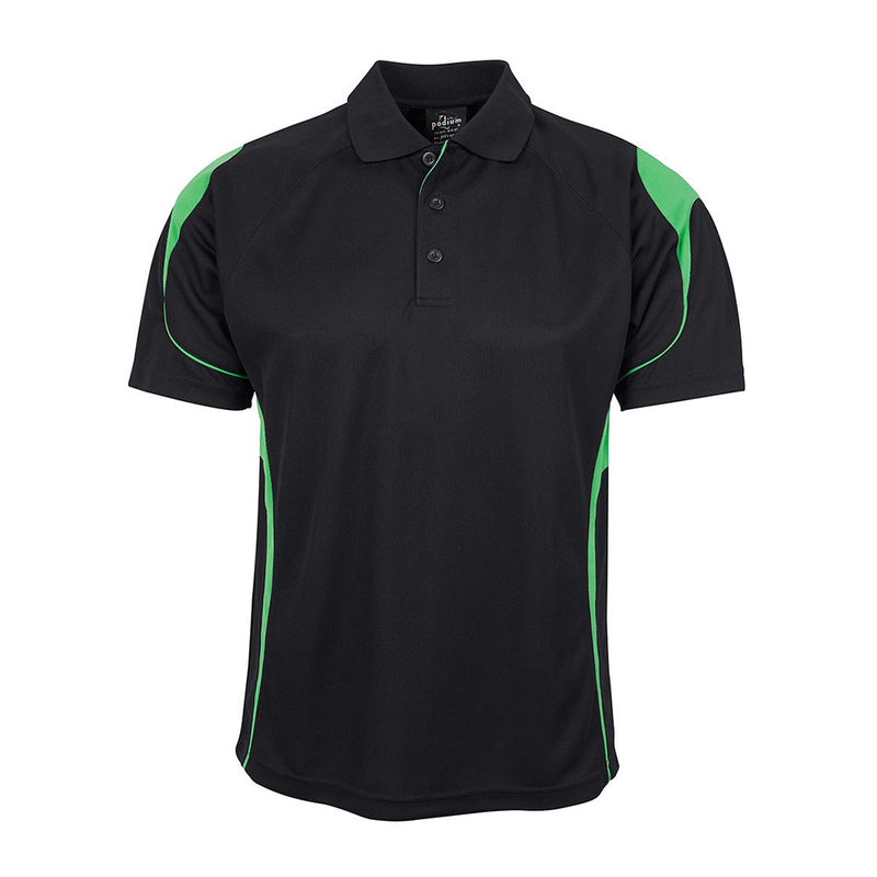 Load image into Gallery viewer, JB's Bel Polo Shirt featuring a black and green design, crafted from moisture-wicking, quick-drying polyester pique knit. Includes a 3-button placket, suitable for both kids and adults.