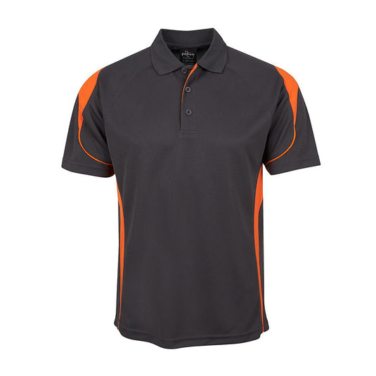JB's Bel Polo Shirt features a grey and orange design with a 3-button placket, crafted from moisture-wicking fabric for comfort. Ideal for active environments, it offers easy care and quick-drying benefits.