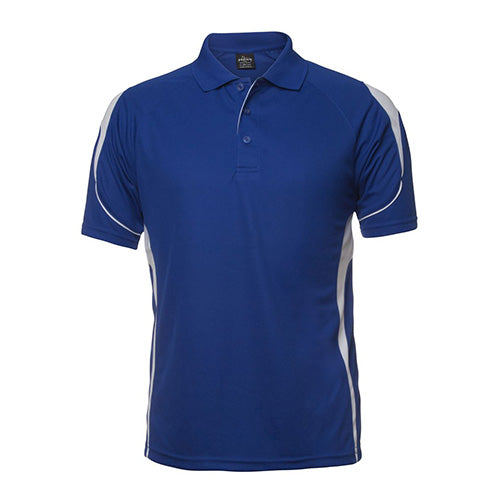 JB's Bel Polo Shirt featuring white stripes and a black label, crafted from moisture-wicking polyester fabric. Designed for comfort and quick drying, it offers UPF protection, suitable for kids and adults.