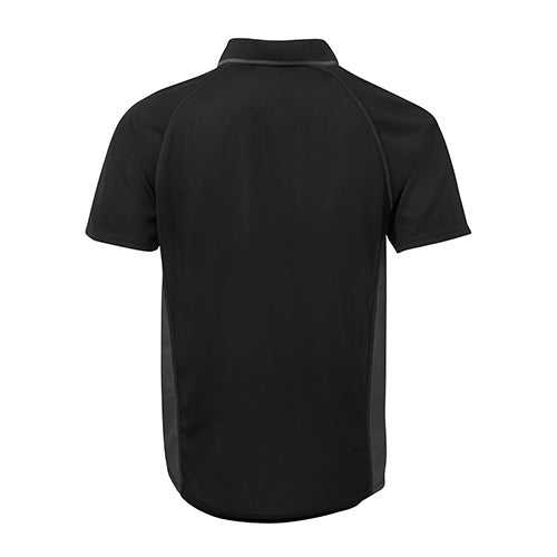 JB's Podium Cover Polo Shirt, featuring grey stripes and trim, designed for active wear with moisture-wicking and quick-drying polyester fabric. Ideal for workplace settings requiring comfort and UV protection.