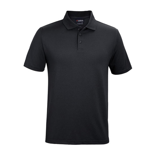 JB's Podium Stretch Short Sleeve Polo features a sleek, straight hem with side splits and a 3-button placket, crafted from durable polyester and elastane blend for comfort, ideal for active workplace settings.