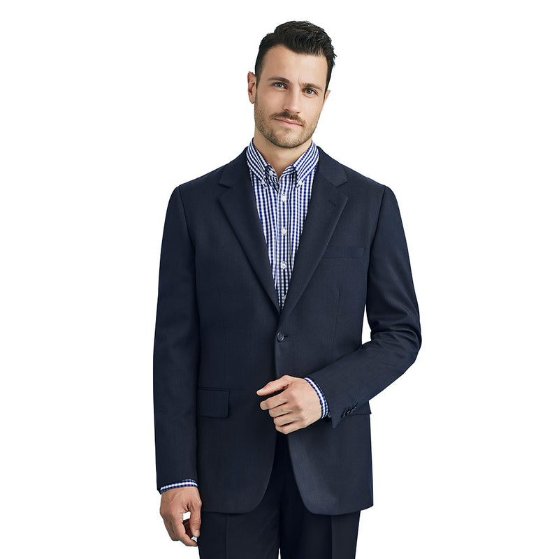 Load image into Gallery viewer, Biz Mens Cool Stretch 2 Button Classic Jacket showcased on a man in a suit, highlighting its structured fit, functional pockets, and double vents, ideal for professional settings and active workplaces.