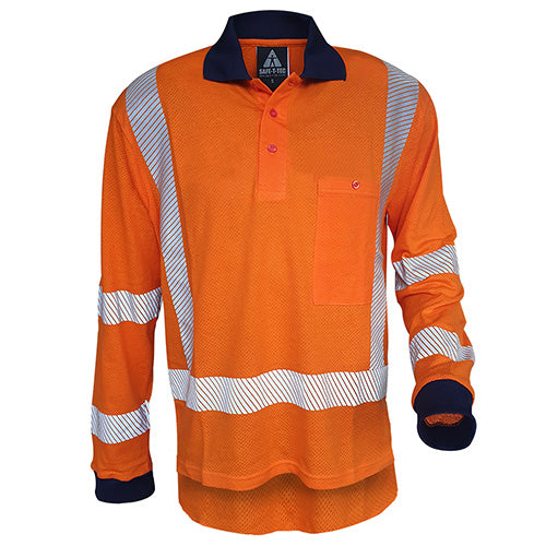 ST Cotton Mesh TTMC-W17 L/S Polo Shirt featuring long sleeves, white reflective stripes, and a large front pocket with button closure. Ideal for hot environments, offering breathability and UV protection.