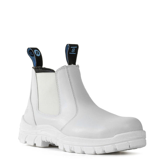 Bata Hercules Safety Boots featuring a white microfibre upper with black straps, steel safety toecap, and slip-resistant outsole, ideal for safety and comfort in food processing environments.
