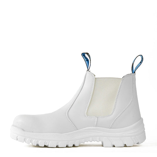 Bata Hercules Safety Boots featuring a white microfibre upper and steel safety toecap, ideal for food processing. Designed with anti-static protection and a heat-resistant, slip-resistant PU outsole for optimal workplace safety.