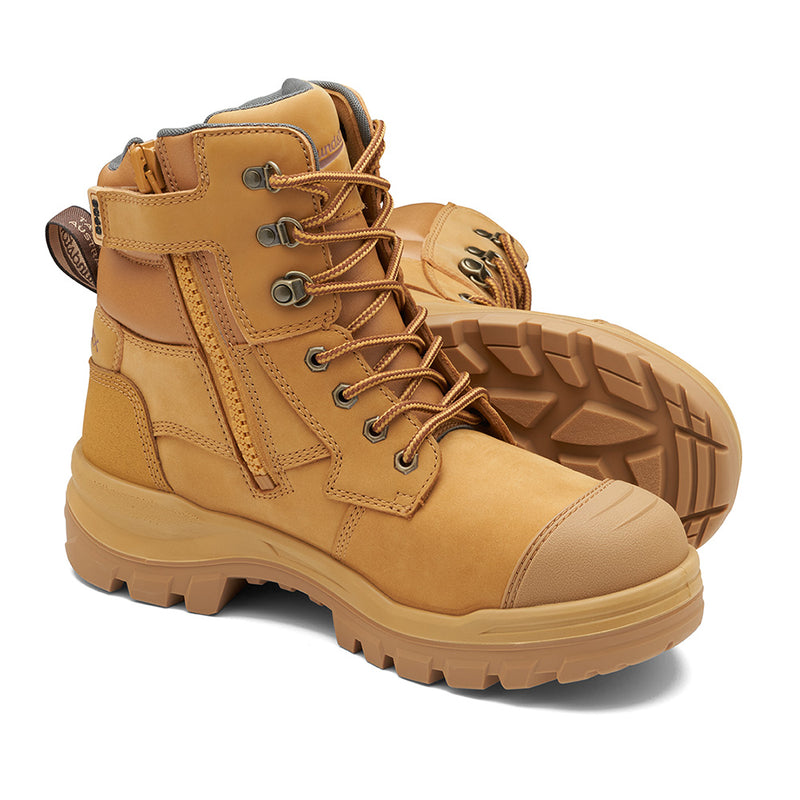 Load image into Gallery viewer, Blundstone RotoFlex 8060 Safety Boots featuring a wheat nubuck leather upper, durable industrial-grade zip, seven rows of lacing, and a TPU toe guard, designed for optimal safety and comfort.