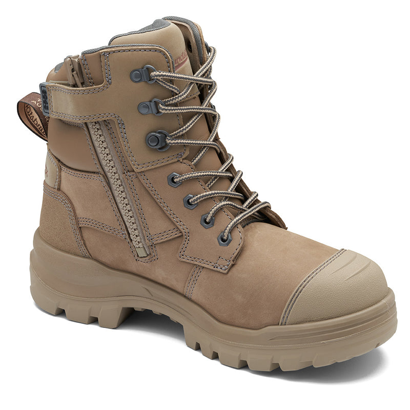 Load image into Gallery viewer, Blundstone RotoFlex 8063 Safety Boots in stone leather with GripTek® outsole, featuring seven lacing rows, durable zip, TPU toe guard, and steel toe cap for superior protection and comfort.
