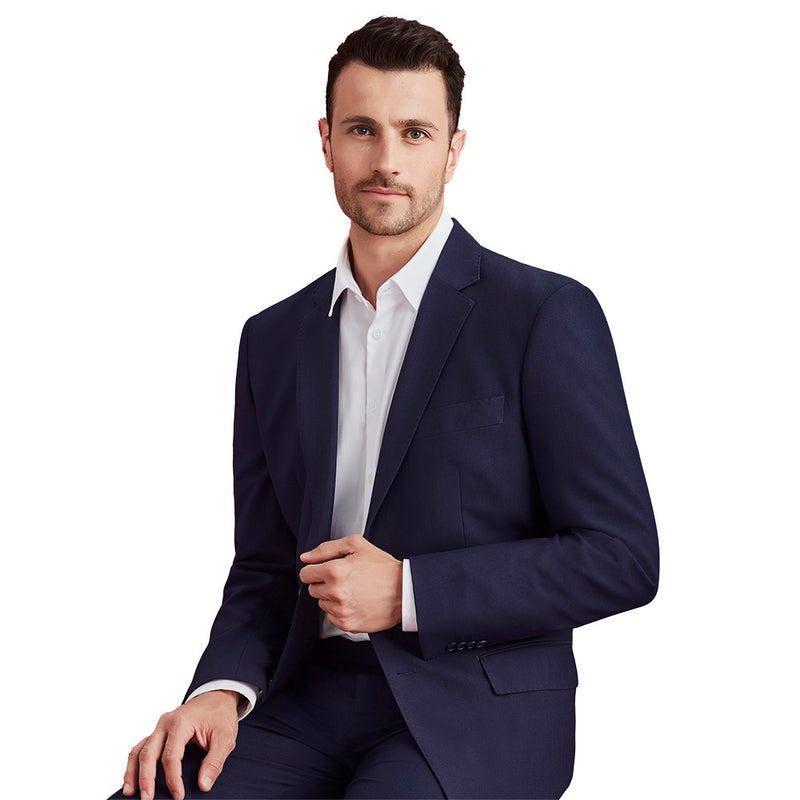 Load image into Gallery viewer, Biz Mens Siena 2 Button Jacket on a man, showcasing its structured design and pick stitching. This formal wear piece is ideal for corporate settings, emphasizing comfort and a streamlined silhouette.