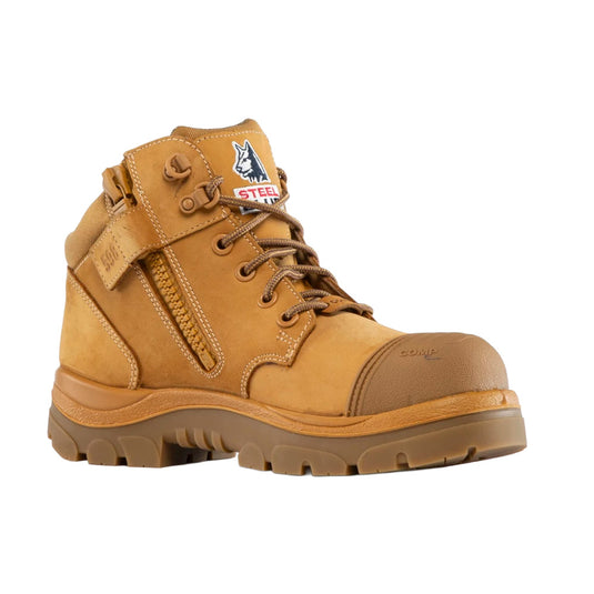 Steel Blue Parkes EH Zip Composite Safety Boot, Wheat: A men’s 95mm hiker-style ankle boot featuring an industrial-grade zipper, scuff cap, and composite toe. Ideal for electricians, with heat-resistant outsole and water-resistant leather.