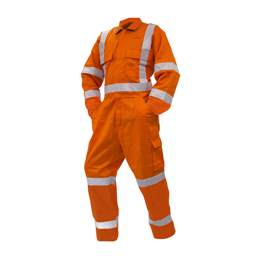 ST TTMC-W17 Ripstop Cotton Overalls showcasing robust design with hi-vis tape, large front pockets, domed sleeve adjustments, and a durable YKK zip, ideal for high-safety work environments.