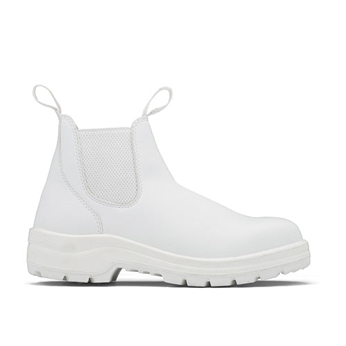 John Bull Bianco Safety Boots featuring a white design with a sturdy white sole, ideal for food processing environments. Equipped with a steel toe cap and rubber outsole for safety and comfort.
